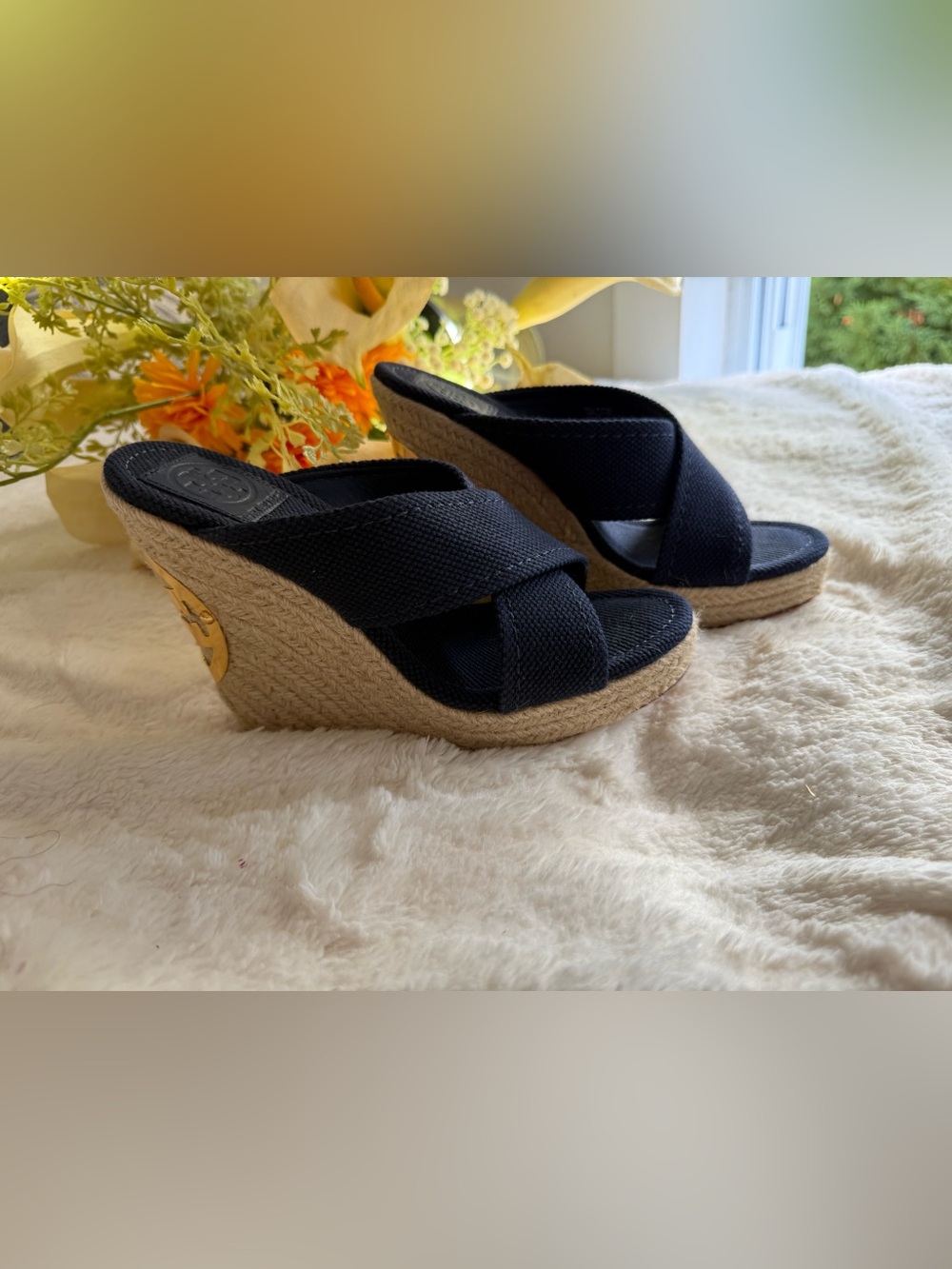 Tory Burch Black Crossband Espadrille Wedge Sandals